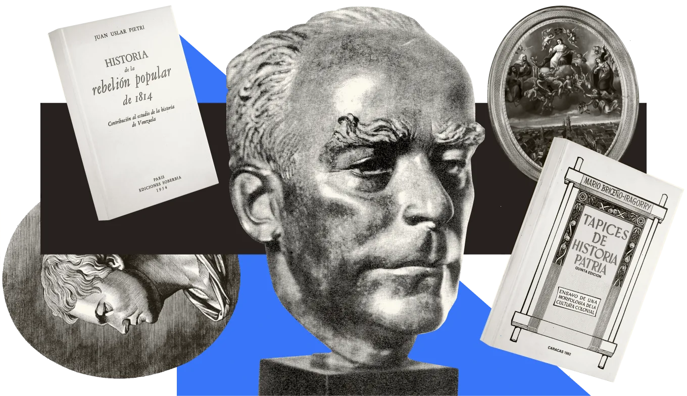 Collage de piezas de la Biblioteca: un busto en bronce, las portadas de «Historia de la rebelión popular de 1814», de Juan Uslar Pietri, y «Tapices de historia patria», de Mario Briceño-Iragorry, un grabado de perfil y una pintura religiosa.